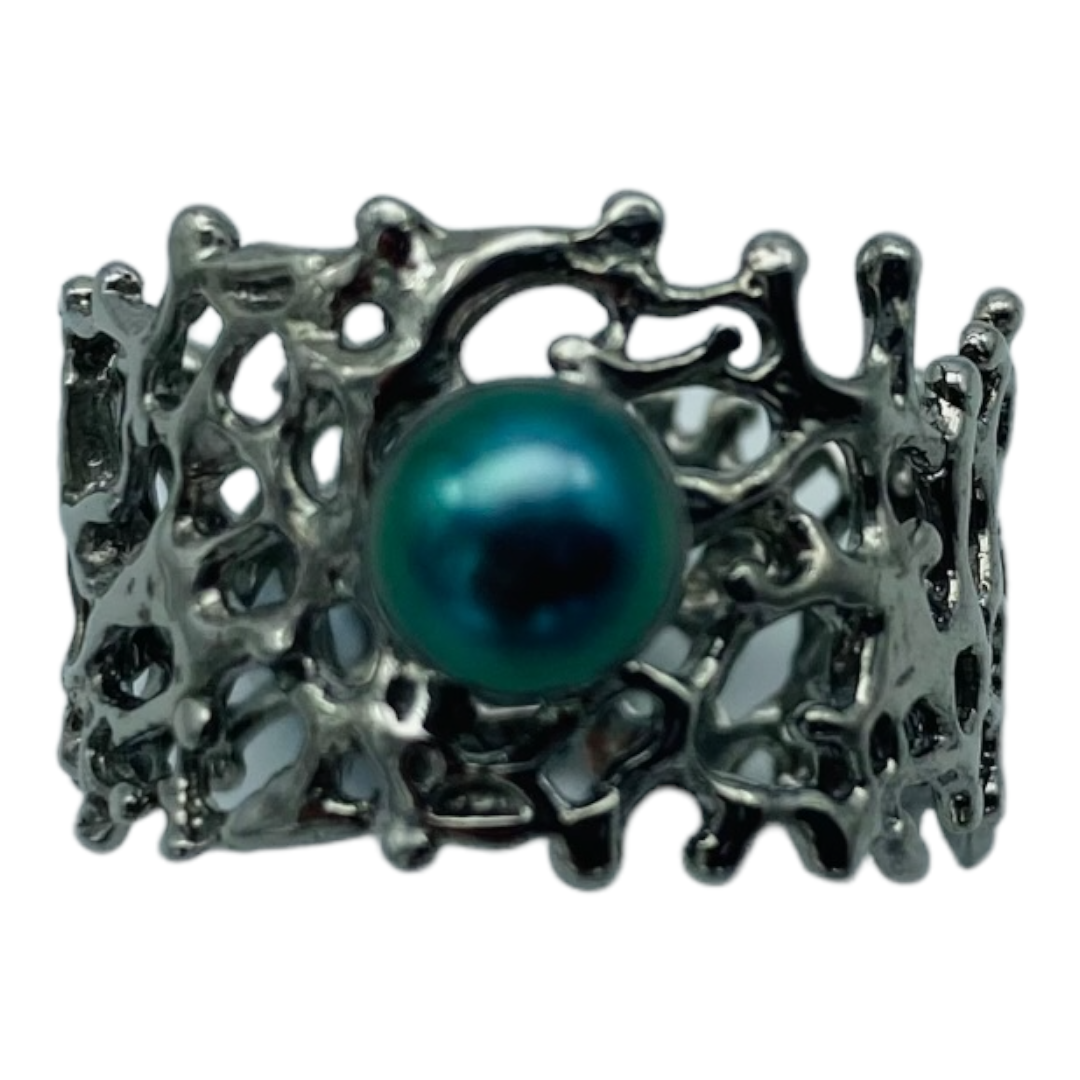 Ring, Fan of the Sea, Rhodium, Black Pearl