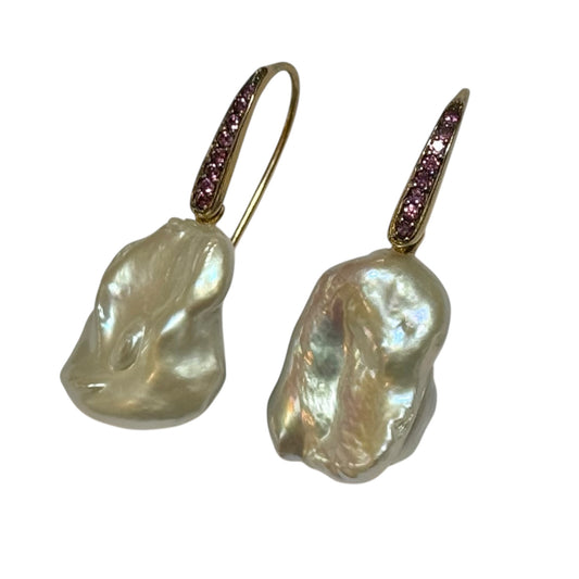 Earrings - Echoes of the Sea Baroque Pearl Drops, Rhodolite Garnet, Yellow Finish