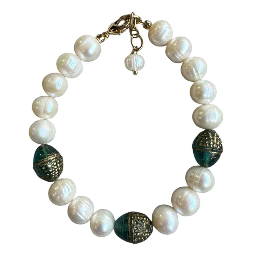 Bracelet - Freshwater Pearl and Teal Chez Glass Beads