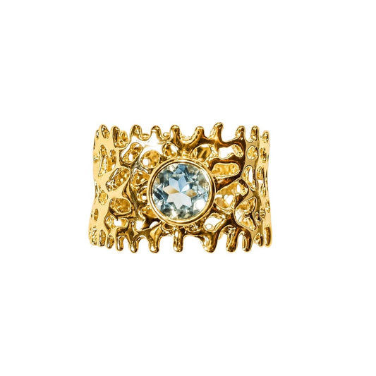 Ring - Fan of the Sea, Yellow Gold Finish with Blue Topaz