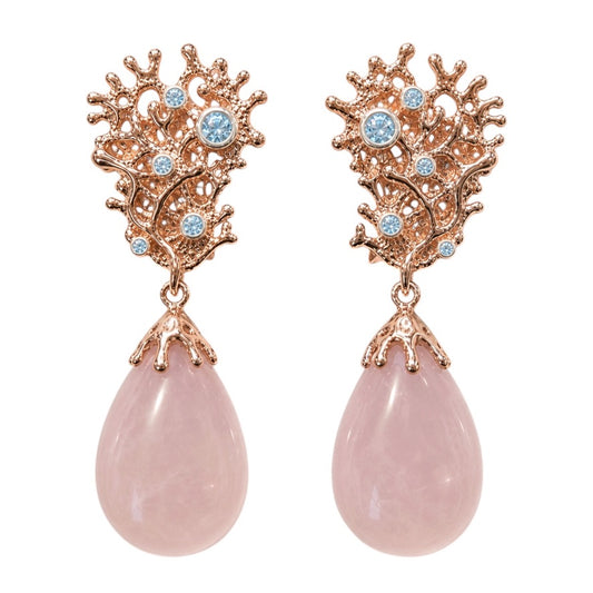 Earrings - Fragments Large, Rose Gold Finish with Silver Accents, Rose Quartz and Blue Topaz