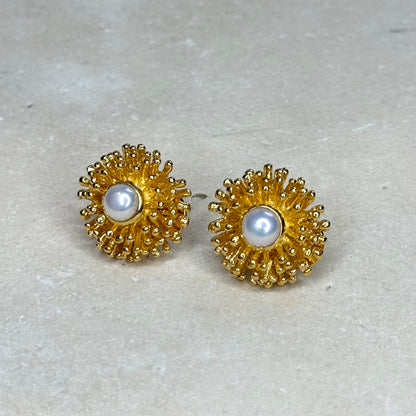 Earrings - Anemone Large Stud, Yellow Gold Finish with White Pearl