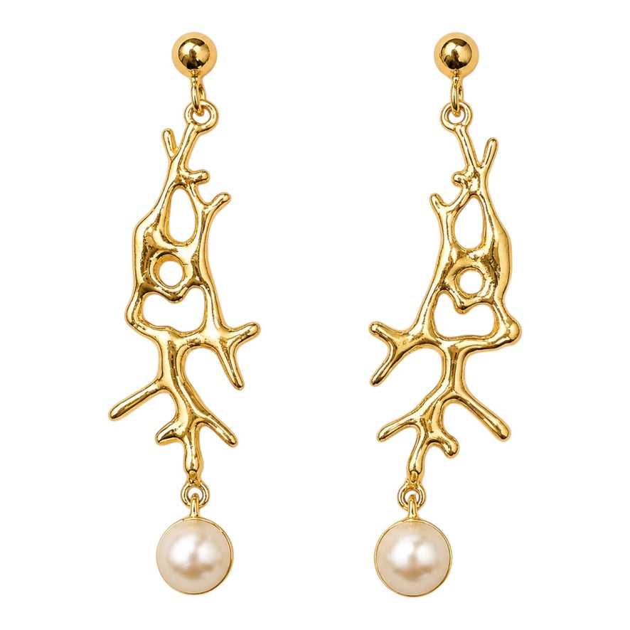 Earrings - Coral Garden Yellow Gold Finish Drops with White Pearl