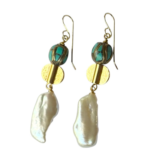 Earrings - Fresh Water Keshi Pearls, Turquoise Brass Beads, 18ct Gold Filled Spacer Beads