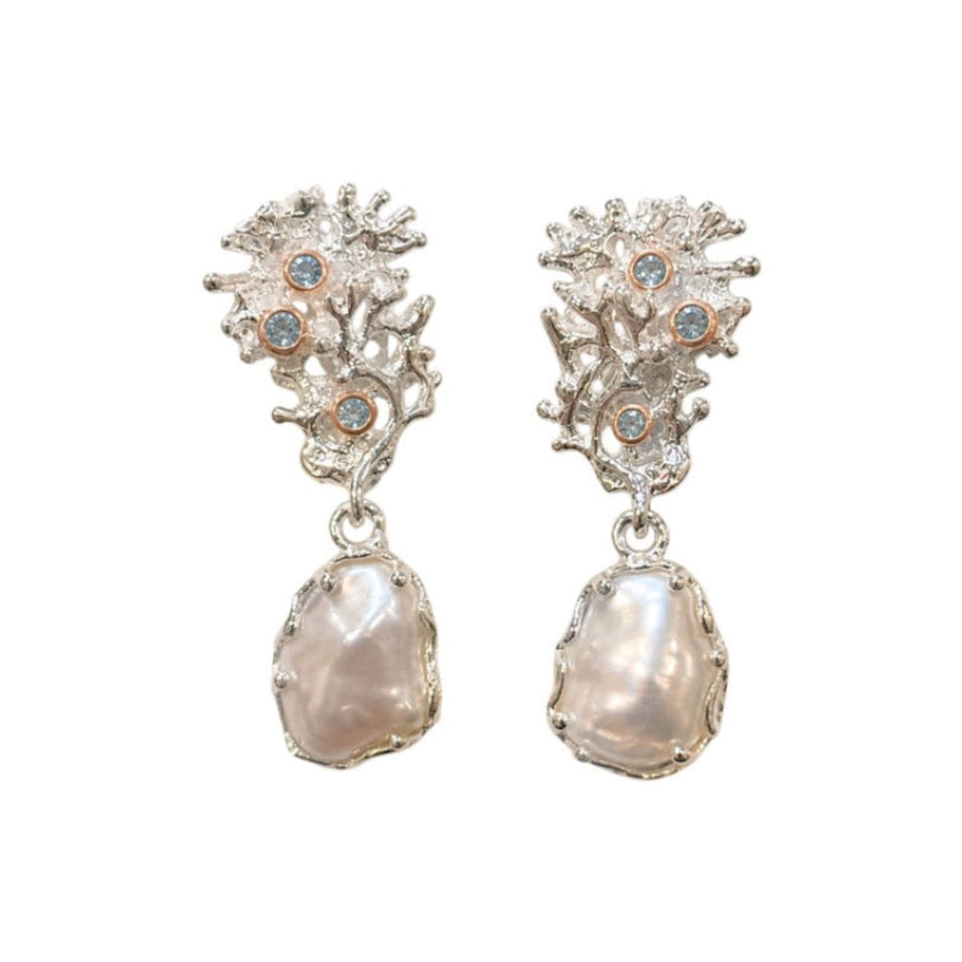 Earrings - Fragments Small, Silver Finish with Keshi Pearl and Topaz and Rose Gold Accents
