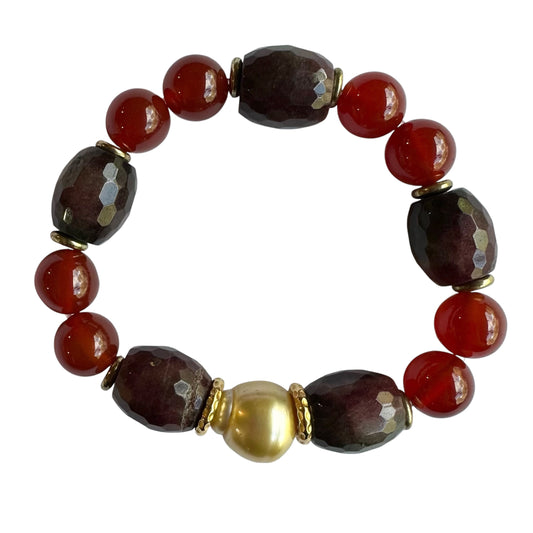 Bracelet - 12mm Golden South Sea Pearl on Mixed Gem Beads, 24ct Gold Beads