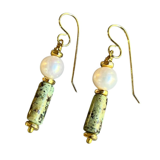 Earrings - Freshwater Pearls and Single Natural Turquoise