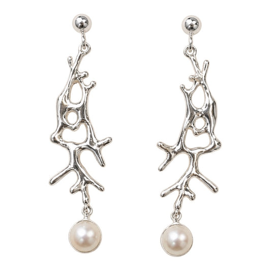 Earrings - Coral Garden, Silver Drops with White Pearl