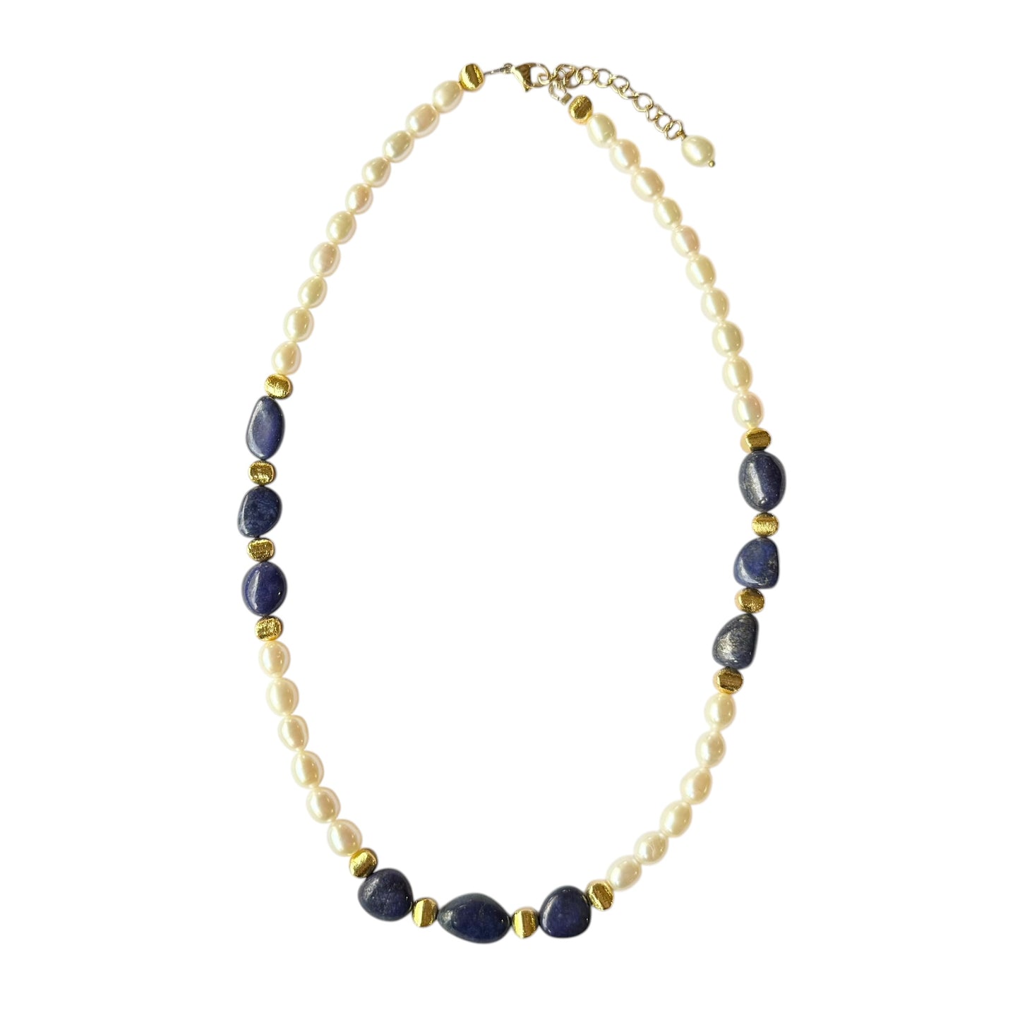 Necklace - Fresh Water Pearls and Natural Lapis Lazuli, Gold Filled Beads