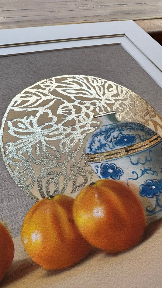 Mandarines with Chinese Ginger Jar - Gold Leaf Embellished Print