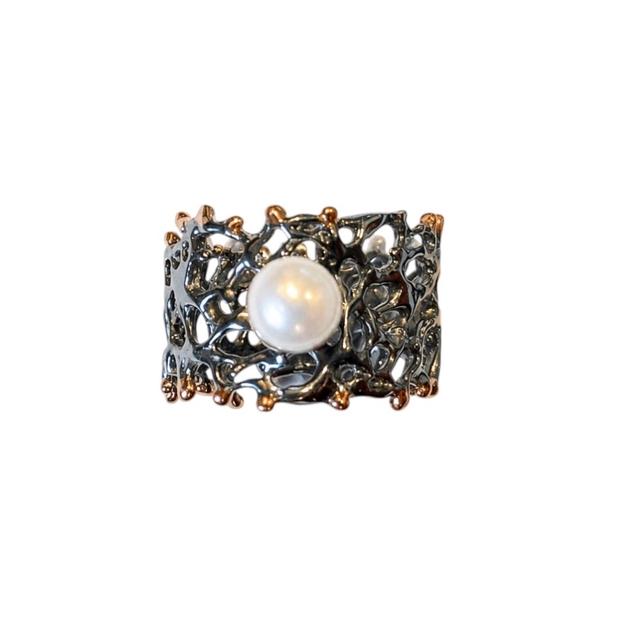 Ring - Fan of the Sea, Rhodium Finish with Rose Gold Accents and White Pearl