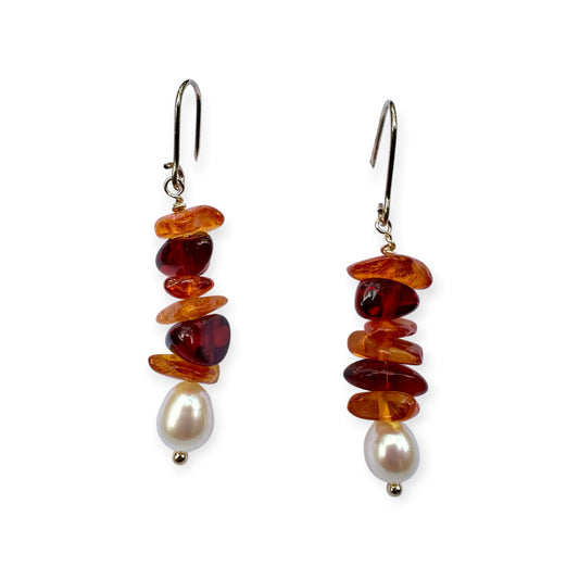 Earrings - Freshwater Pearls with Natural Baltic Amber and 18ct Gold Filled Findings II