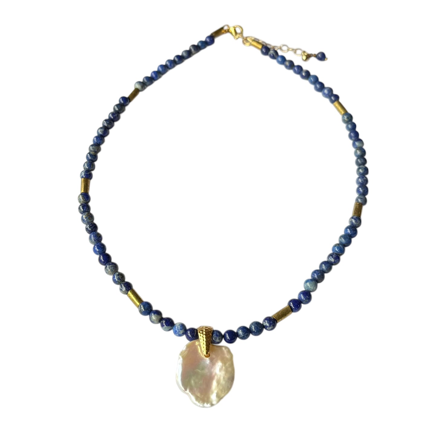 Necklace - Fresh Water Pearl and Natural Lapis Lazuli, Gold Filled Beads
