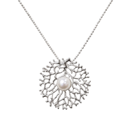 Pendant - Fan of the Sea, Medium Silver with Freshwater Pearl