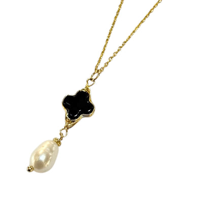 Necklace - 18ct Gold Plated Findings, Black Onyx Cross and Freshwater Pearl
