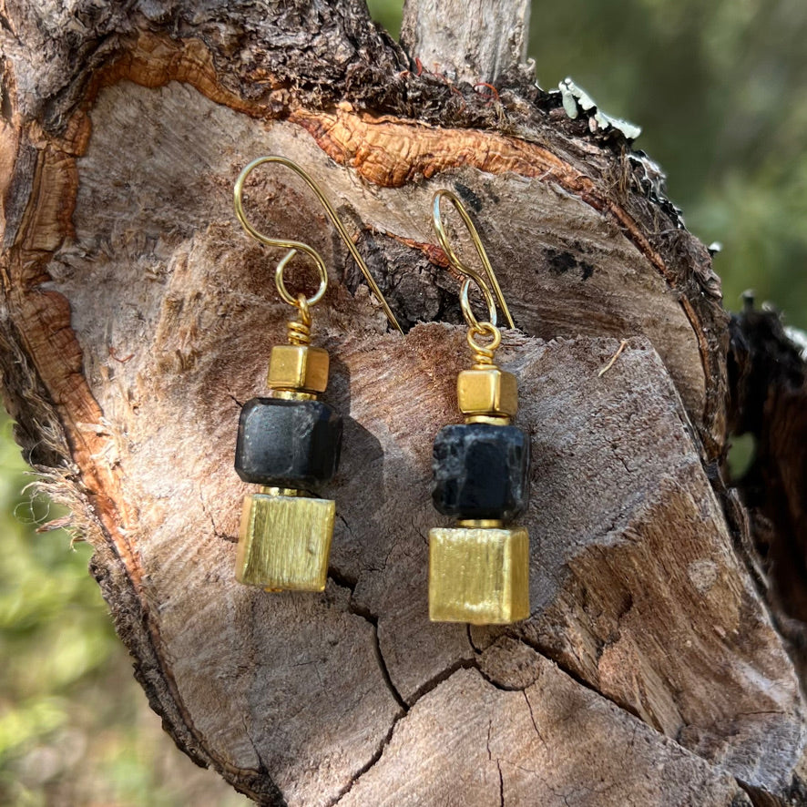 Earrings - Black Tigereye Cube Gem