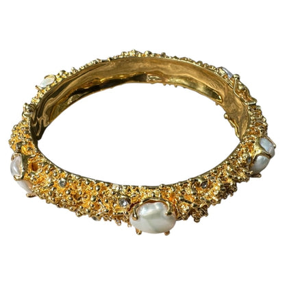 Bangle, Anemone, Yellow Gold Finish, Keshi Pearl, Blue Topaz