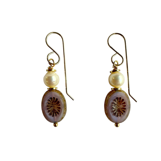 Earrings - Freshwater Pearls with Lilac Chez Glass, 18ct Gold Filled Findings