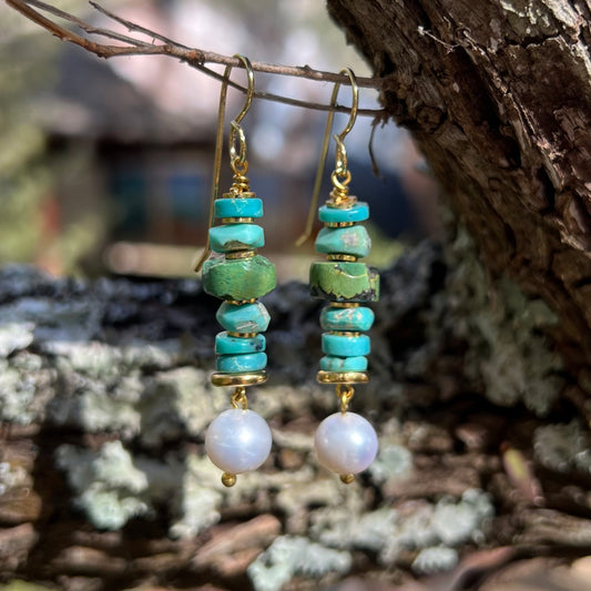 Earrings - Freshwater Pearls and Natural Turquoise