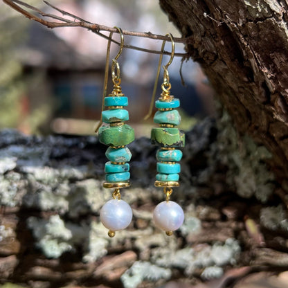 Earrings - Freshwater Pearls and Natural Turquoise