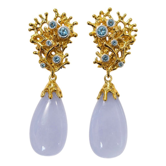 Earrings - Fragments Large, Yellow Gold Finish with Silver Accents, Blue Chalcedony and Blue Topaz