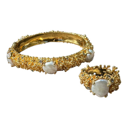 Ring, Anemone, Yellow Gold Finish and Silver Accents, Keshi Pearl, Topaz