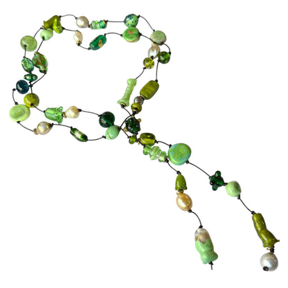 Necklace - Green Handmade Glass Beads, South Sea Pearls and Tahitian Pearls on Leather