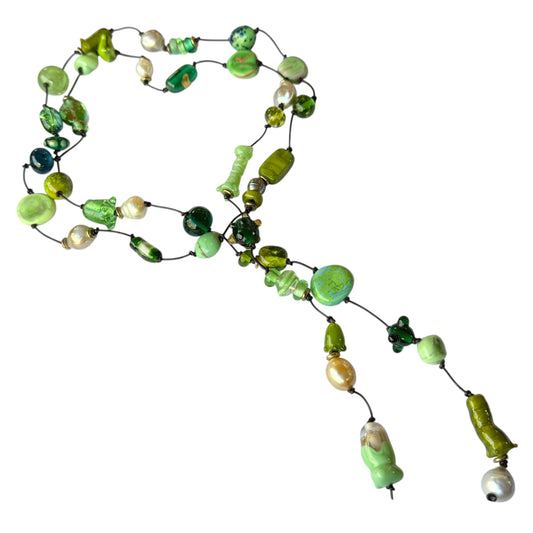 Necklace - Green Handmade Glass Beads, South Sea Pearls and Tahitian Pearls on Leather