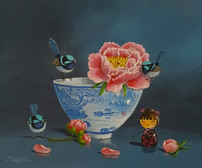Peonies & Three Wrens