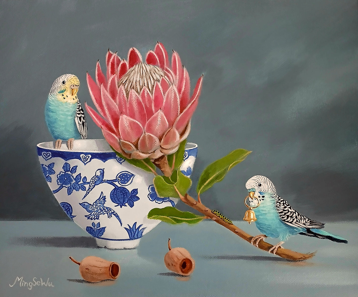 Two Budgies & Protea