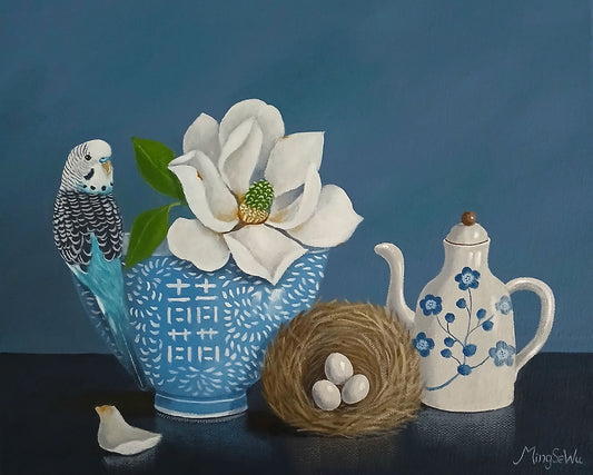 Budgie with Magnolia and Nest