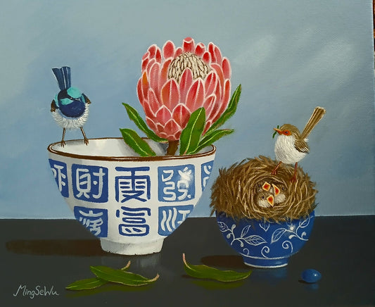 Two Wrens and Three Chicks