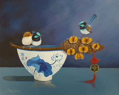 Three Wrens and a Banksia Seed Pod