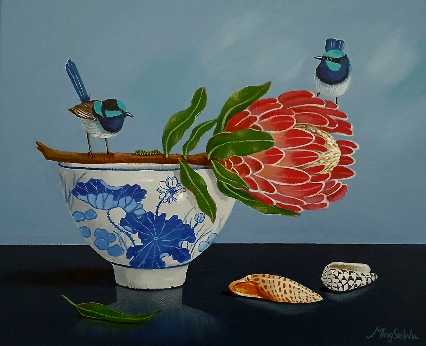 Two Wrens, Bowl and Protea