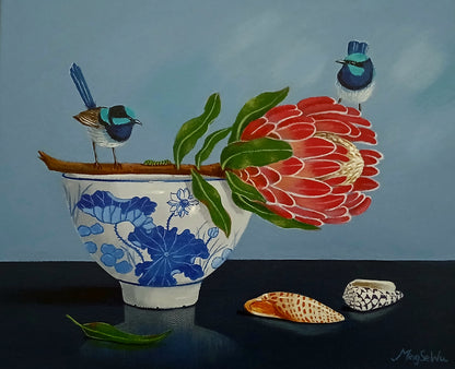 Two Wrens, Bowl and Protea