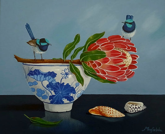 Two Wrens, Bowl and Protea