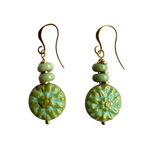 Earrings - Round Green Chez Glass Bead