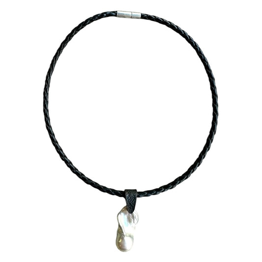Necklace - Baroque Pearl on Black Leather