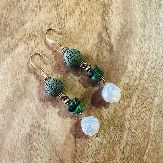 Earrings - Edison Pearls and Dark Green Turquoise with Lava Stone
