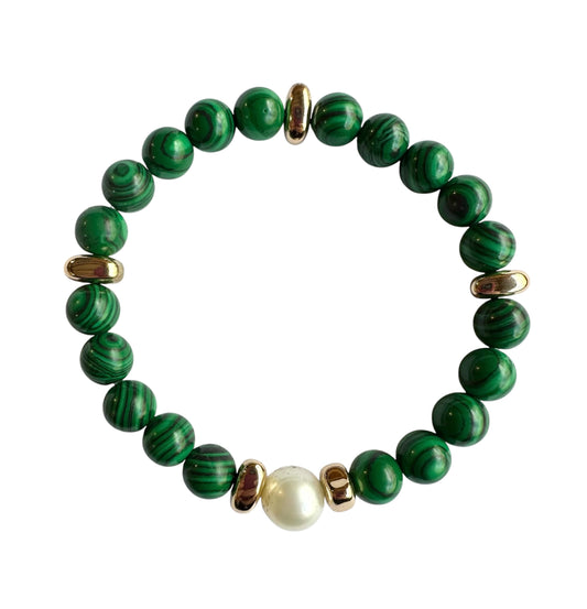 Bracelet - 10mm South Sea Pearl with Malachite Stone Beads, 24ct Gold Filled