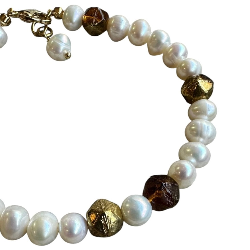 Bracelet - Freshwater Pearl and Bronze Chez Glass Beads