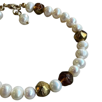 Bracelet - Freshwater Pearl and Bronze Chez Glass Beads