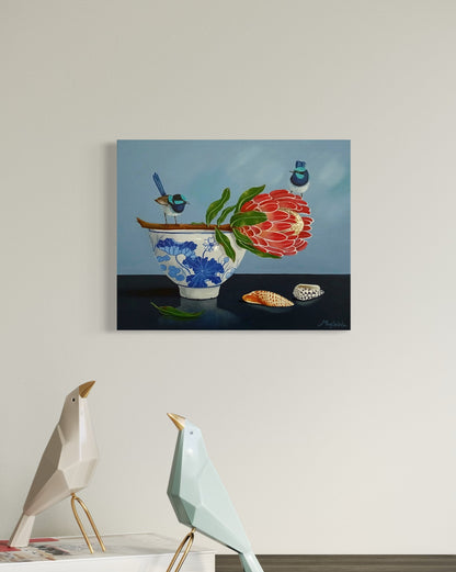 Two Wrens, Bowl and Protea