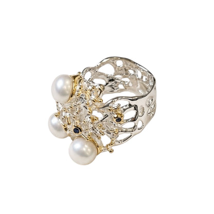 Ring - Jewel of The Sea, Sterling Silver with Yellow Gold Accents and White Pearl