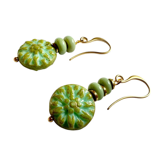Earrings - Round Green Chez Glass Bead