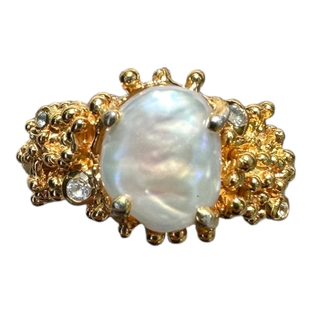 Ring, Anemone, Yellow Gold Finish and Silver Accents, Keshi Pearl, Topaz