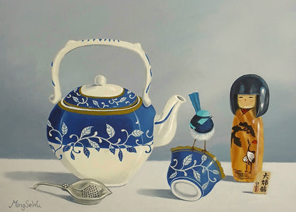 Blue and White Teapot and Doll