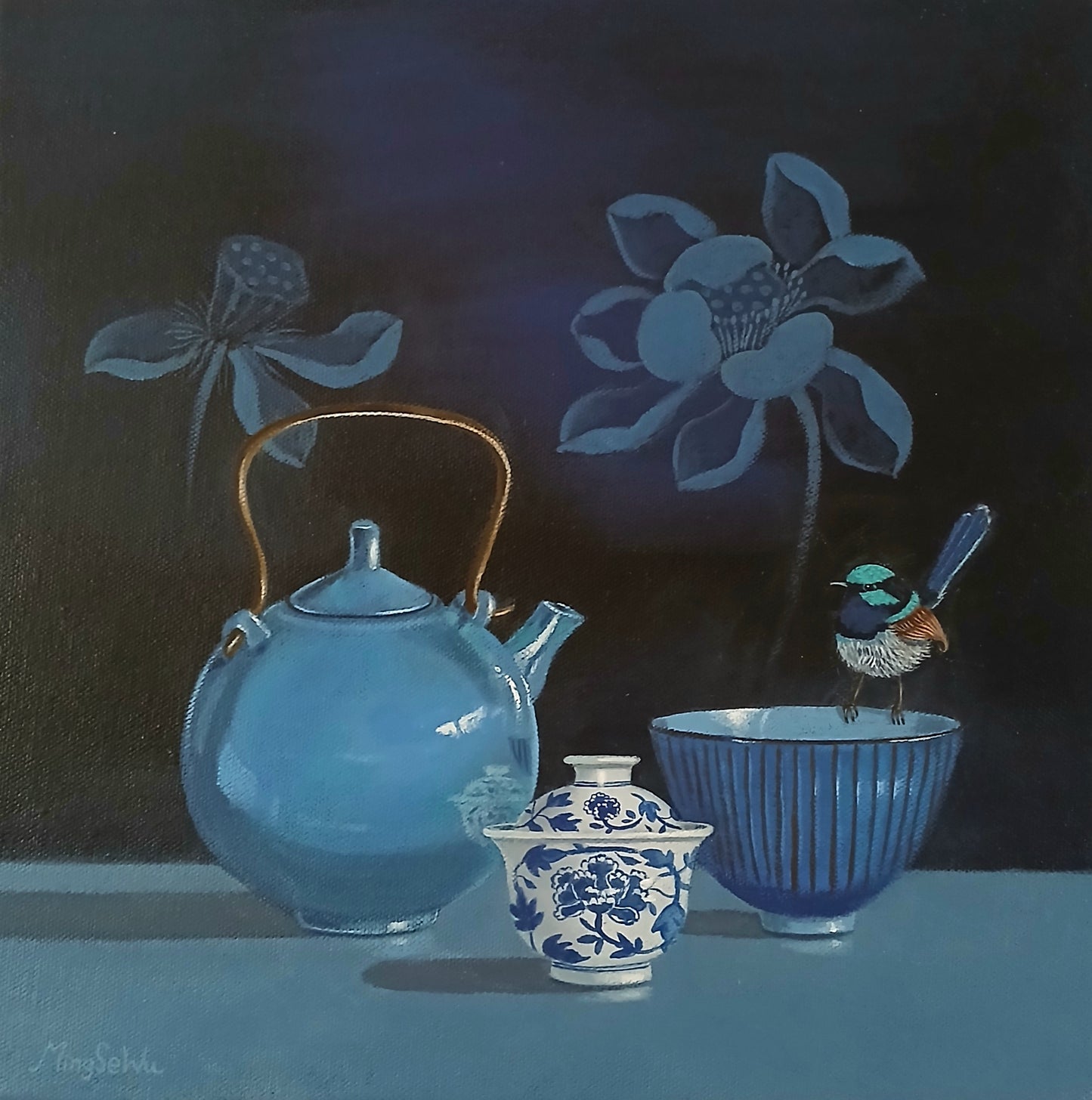 Blue Tea Pot with Wren