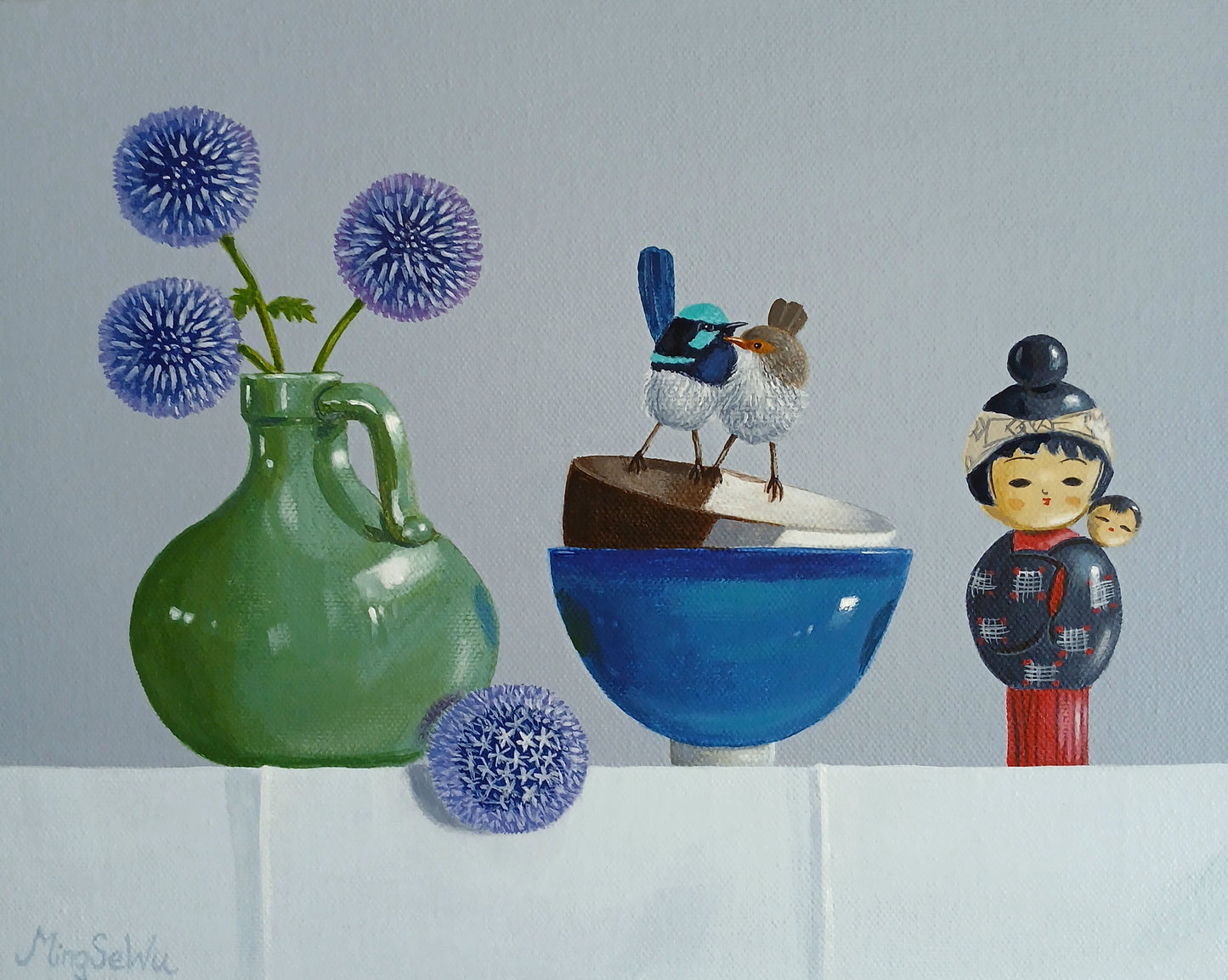 Two Bowls, Two Wrens and Doll