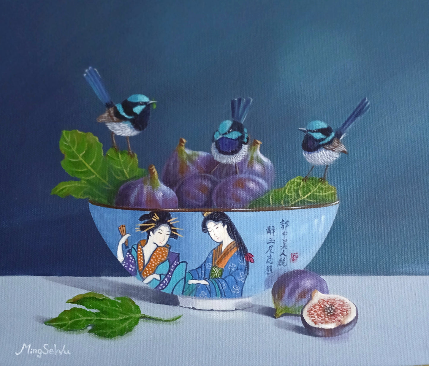 Three Wrens and Bowl of Figs